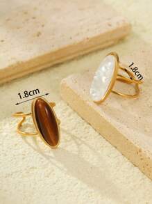 2pcs Stainless Steel Gold-Tone Open Ring Set With White And Tiger Eye Stone Gems, Suitable For Women Jewelry Or Gifting - Yellow Gold - View 3