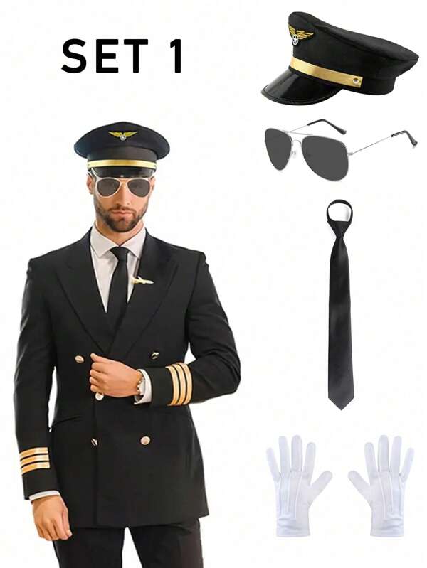 Costume Set: Pilot Hat, Goggles, Tie, Gloves, Suitable For Cosplay, Events, Parties, Ceremonies