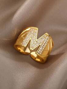 1pc Luxury Zirconia Initial Letter Rings For Women Stainless Steel Chunky Wide Open Finger Ring Hip Hop Fashion Jewelry Gifts
