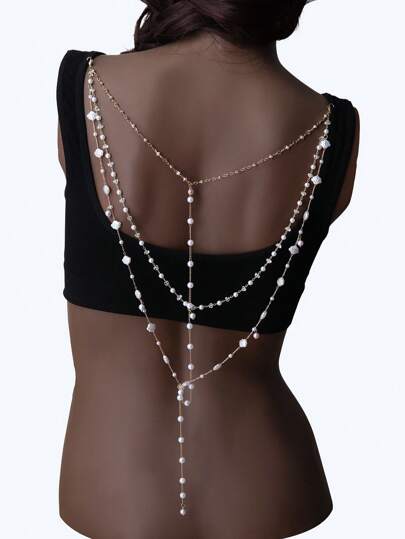 1pc Asymmetrical Light Pink Resin Faux Pearl Faux Shell Multilayer Bridal Bridesmaid Backless Chain, Elegant Tassel Backless Chain, Wedding Jewelry