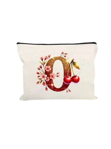 Witte make-uptas van polyestervezel, kleine witte tas, glanzend gouden kersenrode letters A-Z bedrukt patroon, make-uptas, draagbare toilettas, Moederdagcadeau, perfect cadeau voor moeders, herbruikbare make-uptas, eenvoudige grote capaciteit reismake-uptas voor vrouwen, oortelefoon, datakabel, accessoire-opslag, muntzak, multifunctioneel draagbaar cadeau voor vrouwen