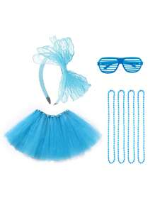 6/7件套女士服装配饰套装，适合80年代霓虹派对，包括蕾丝蝴蝶结发箍、道具眼镜、仿珍珠项链、蓬蓬裙，适合派对角色扮演、舞台表演和万圣节。 - 多色 - 查看 9