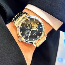 Classic High-End Stainless Steel Butterfly Buckle Men's Watch, Moon & Sun 24-Hour Subdial, Multifunction Hollow Automatic Mechanical Men's Watch, Fashion Rhinestone Luminous Roman Numeral Dial Men's Wristwatch