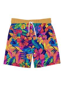 Swimming, Colorful Flowers, Leaves, Men's Summer Vacation, 3D Printed Hawaiian Style Shorts - Multicolor - View 1