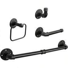 NearMoon 4 Pieces Industrial Pipe Bathroom Hardware Set, Include 18 Inch Towel Bar, Towel Ring, Toilet Paper Holder And Robe Hook, Heavy Duty Rustic Iron Decor Wall Mounted Accessories Kit (Black)