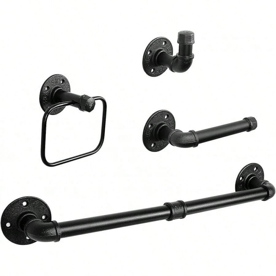 NearMoon 4 Pieces Industrial Pipe Bathroom Hardware Set, Include 18 Inch Towel Bar, Towel Ring, Toilet Paper Holder And Robe Hook, Heavy Duty Rustic Iron Decor Wall Mounted Accessories Kit (Black)
