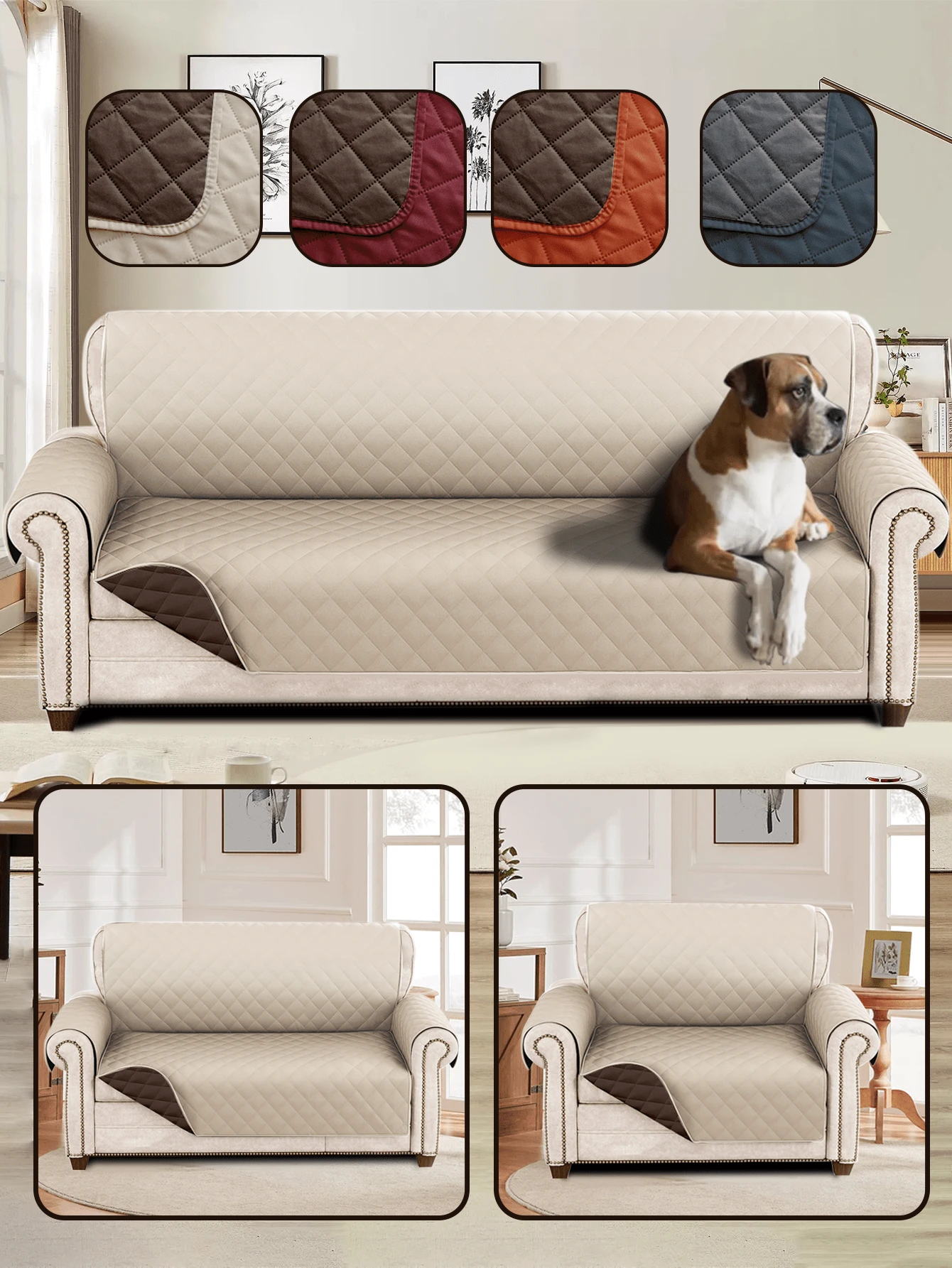 Funda de Sofá Reversible para 1,2,3 Cojín Funda de Sofá para Perros Resistente al Agua Funda Protectora de Muebles con Espuma Palos Correas Elásticas para Mascota Gato. - Beis - Ver 1