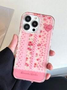 韩国春季 Y2K 玫瑰花朵心形蕾丝条纹 IMD 手机壳适用于 iPhone 16 Promax 15 Promax 14 13 Pro 时尚 INS 防震后盖 - 粉色 - 查看 3