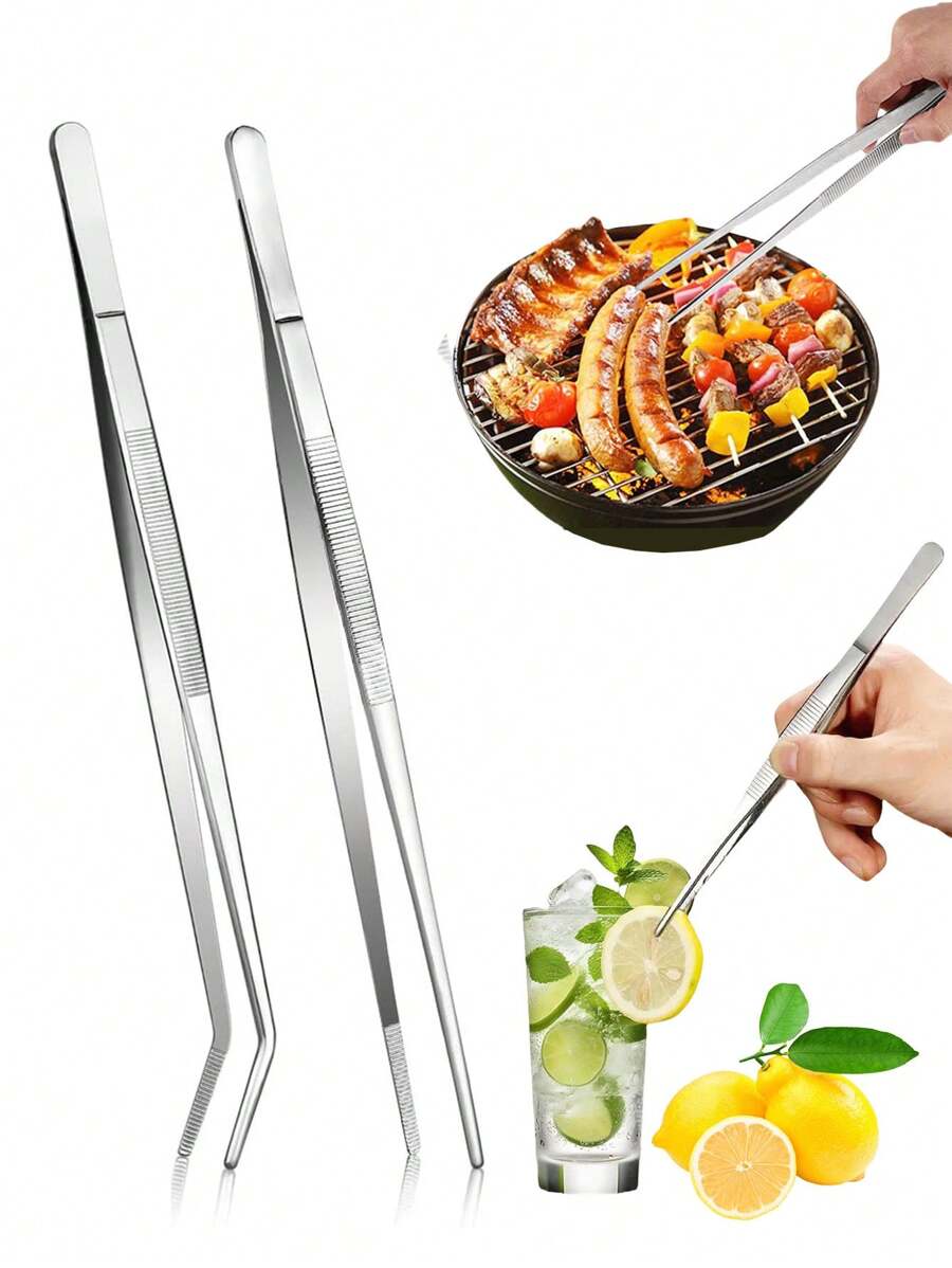 1个/2个/4个装不锈钢镊子，不锈钢长柄厨房镊子，不锈钢食品镊子，自助餐夹鱼骨镊子，烹饪夹厨房食品镊子 - 銀色 - 查看 1