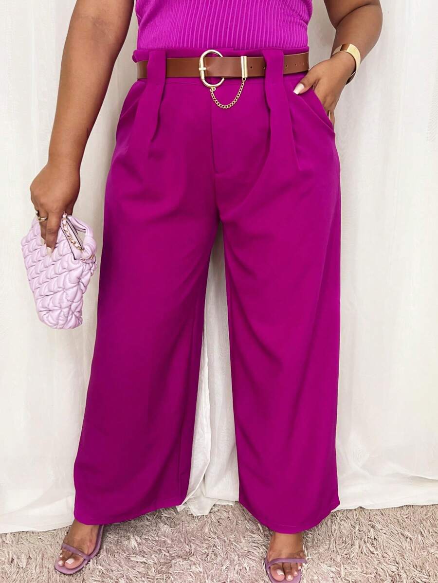 Women's Plus Size Pants With Belt Tailored Formal Pantaloons - Rose Red - View 1