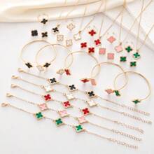 5pcs/Set Oil Drop Four-Leaf Clover Necklace, Bracelet, Ring, Earrings Jewelry Set For Women - Multicolor - View 3