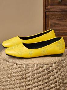 WHDXY 1 Pair Dragonfly Embroidered Women's Soft Bottom Square Toe Flat Slip-On Shoes, Comfortable Professional Work Shoes, French Elegant Mary Janes, Suitable For Spring & Autumn