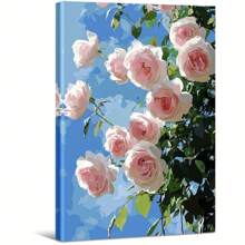 Pink Roses Against A Blue Sky With White Clouds. Large Wooden Framed Wall Art Artist Home Decoration Oil Painting - Bedroom, Bathroom, Living Room, Office, Kitchen, Christmas Gifts - 1 Piece - Multicolor - View 1