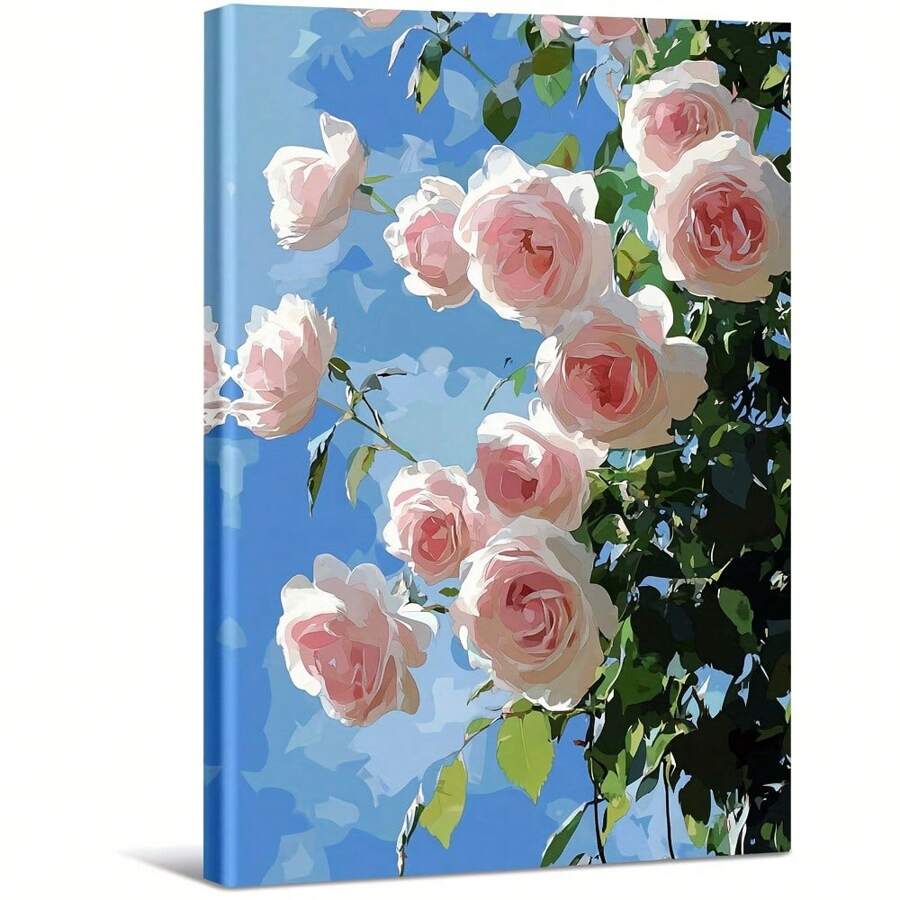 Pink Roses Against A Blue Sky With White Clouds. Large Wooden Framed Wall Art Artist Home Decoration Oil Painting - Bedroom, Bathroom, Living Room, Office, Kitchen, Christmas Gifts - 1 Piece - Multicolor - View 1