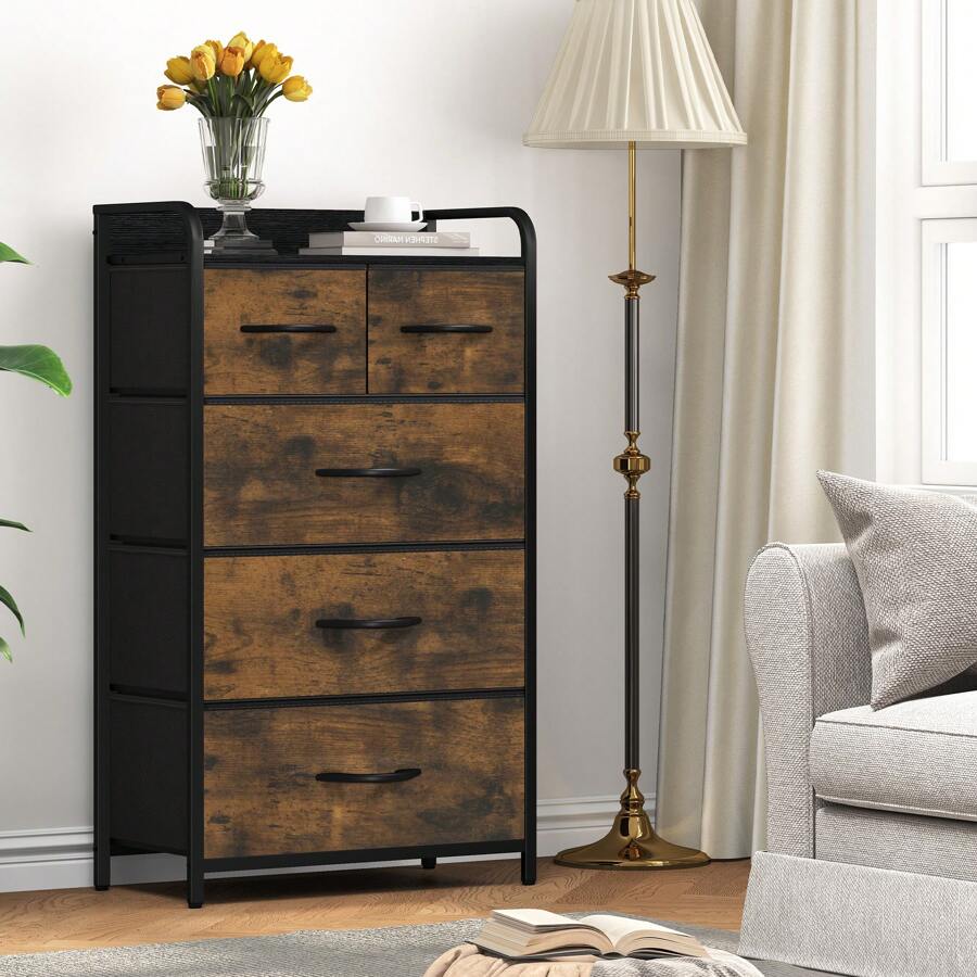 Commode, 5 Tiroirs En Tissu Commode Chambre Meuble De Rangement,Tour En Tissu,Cadre Acier Robuste,Pour Chambre à Coucher, Salon,Gris Profond - Brown - View 1