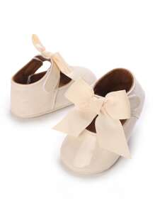 Newborn Infant Girls' Bowknot PU Princess Shoes, Soft Rubber Sole Anti-Slip Flats, Suitable For All Seasons - Apricot - View 5
