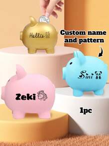 LICVIC 1pc Custom Name Piggy Bank For Kids/Boys/Girls , Personalized Kids Piggy Bank With Pattern, Customized Unbreakable Piggy Bank, Customizable Plastic Money Bank, 3 Sizes, Pink/Blue/Gold, 3 Pattern, Cute Pig Piggy Banks, Coin Bank,Multi-Functional,Ornamental,Letter,Stylish,Vintage,Adorable,Cute,Custom,Personalised,Unique,Customized,Ideal Gifts For Him,Ideal Gifts For Her,Son,Daughter Back To School - Style a - View 2