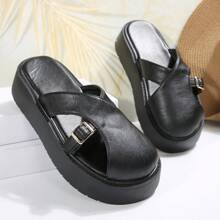 Soft Leather Thick Sole Slide Sandals, Women Summer New Retro Fashion Outdoor Slip-On Closed Toe Slippers - Black - View 6