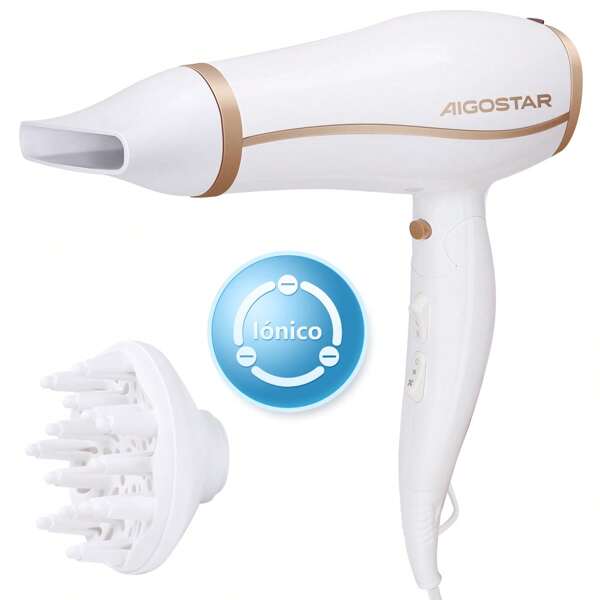 Secador de Pelo Profesional de 2200 W con Iones Negativos, 2 Velocidades, 3 Niveles de Temperatura + Botón de Aire Frío. Mango Plegable, Motor AC, Difusor y Concentrador