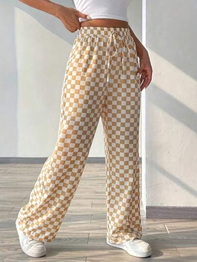 Plaid Print Casual Loose Drawstring Wide Leg Pants