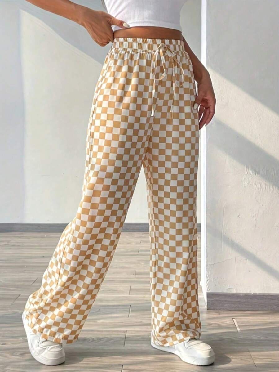 Pantalones anchos informales con cordón y estampado de cuadros - Caqui - Ver 1