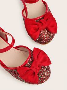 1 Pair Girls' Bow Glitter High Chunky Heel Hollow Comfortable Elegant Versatile New Princess Shoes, Suitable For Spring, Summer, Autumn - Red - View 5