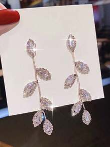 1 Pair Cute Leaf CZ Zirconia Women Dangle Earrings For Bridal Wedding Jewelry Gift For Lover Wife Engagement Anniversary