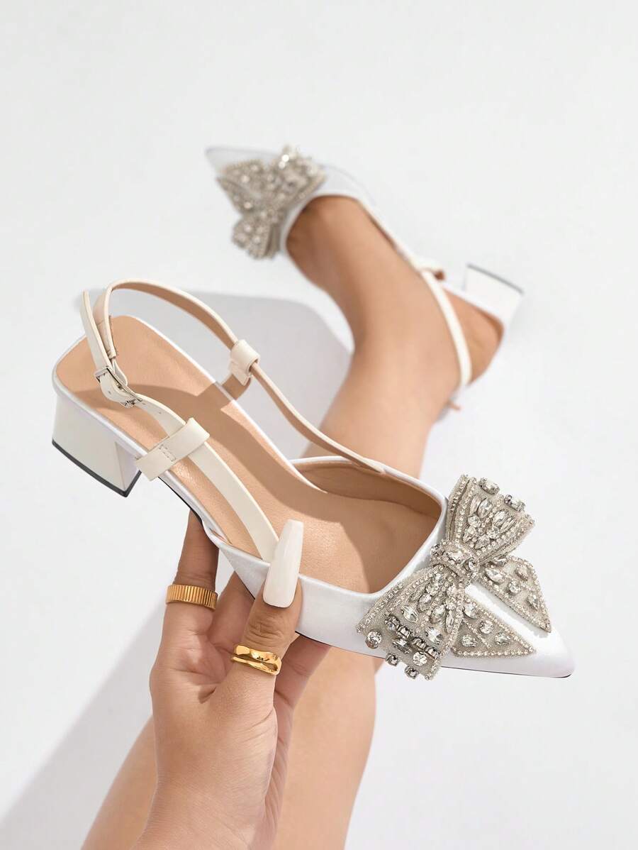 女士尖头水钻蝴蝶结装饰露跟高跟鞋，优雅舒适的正式婚礼派对俱乐部正装鞋，适合秋冬季，白色缎面，优雅