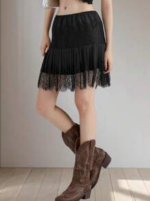 Women Y2k Lace Mini Skirts Summer Lace Slip Skirt Pleated Ruffle Floral Lace Tiered Short Skirts Underskirt Layered Flowy Skirts - 黑色 - 查看 4