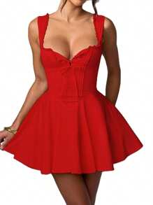 Women's Y2k Mini Corset Dress Deep V Neck Sleeveless Backless Lace Trim Ruffle Hem A-Line Dress Beach Sundress - 紅色 - 查看 1