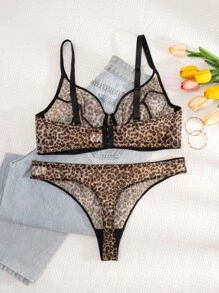 1 pieza Conjunto de lencería sin costuras con estampado de leopardo sólido y sujetador para mujer de talla grande, levantamiento