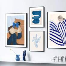 1pc Blue Striped Girl Read Book Lobster Vase Wall Art Canvas Painting Nordic Posters And Prints Wall Pictures For Living Room Decor No Frame - Multicolor - View 6