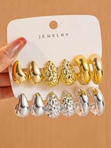 6-12 件/套，时尚水滴光泽 C 形凹面水滴耳环套装，金色和银色，适合女性日常佩戴 - 彩色 - 查看 6