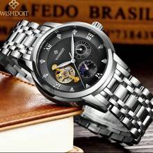 Classic High-End Stainless Steel Butterfly Buckle Men's Watch, Moon & Sun 24-Hour Subdial, Multifunction Hollow Automatic Mechanical Men's Watch, Fashion Rhinestone Luminous Roman Numeral Dial Men's Wristwatch