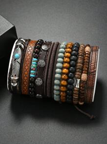 11 pièces Bracelet vintage en turquoise, en PU perles en bois, métal fait main tressé, parure de bijoux de décoration empilable unisexe, sans boîte