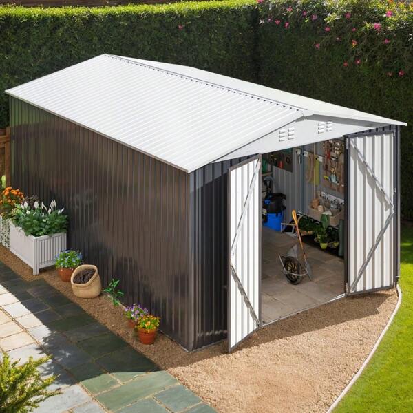10x14 FT Outdoor Storage Shed, Garden Shed With Updated Frame Structure And Lockable Doors, Metal Tool Sheds For Backyard Garden Patio Lawn, White Roof