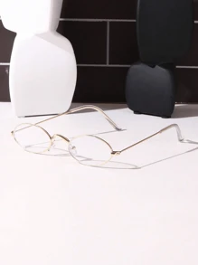 1pc Oval Small Frame Eyeglasses, Vintage Style Plain Decorative Glasses, Gold/Silver Frame