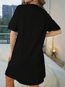 度假风格太阳镜印花休闲圆领女式 T 恤连衣裙，春夏 - 黑色 - 查看 2