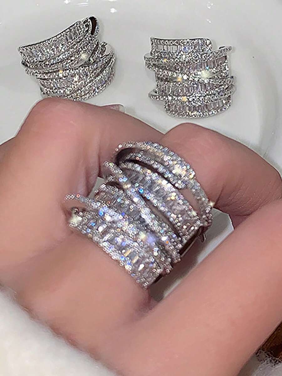 jealous young 1pc Dreamy Multi-Layer Cubic Zirconia Engagement Ring, Suitable For Women And Girls Daily Wear, Openable, Jewelry Gift - Platinum - View 1