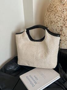 休闲轻便拼色编织单肩手提包，多功能购物袋。时尚编织手提包，设计女士手拿包，晚装包。复古大容量编织沙滩包，度假单肩斜挎包