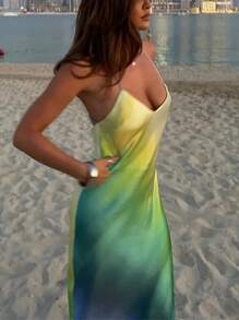 Women's Summer Cami Long Dress Gradient Color Spaghetti Strap V-Neck Backless Beach Party Dress - Blue - View 6