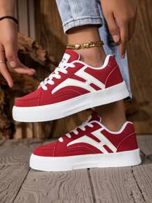 Women's Solid Color Casual Sneakers, Lace-Up Soft Bottom Thick Sole Skateboard Shoes, Versatile Low-Top Comfortable Shoes