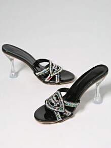 Women Rhinestone Embellished Strap Slide Sandals, Sexy Black Stiletto Open Toe High Heels - Black - View 5