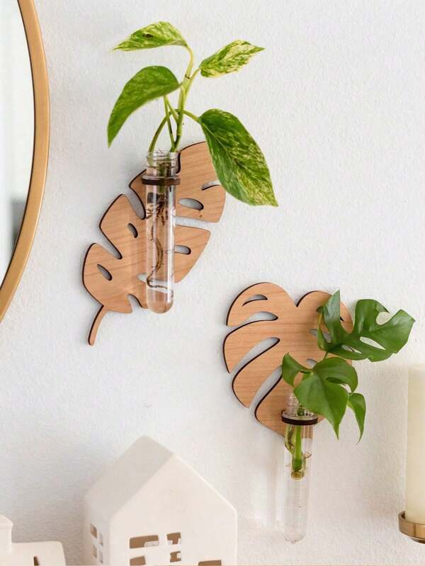 1Pc/2Pcs Leaf Shape Wall Planters For Indoor Plants, Plant Propagation Station Wall Hanging, Propagation Vases For Plants, Wall Hanging Propagation Station With Wooden Stand Plastic Test Tubes Tiered Planters Wall Terrarium For Home Office Plant Hanger Flower Vases Wall Decor Hydroponic Cuttings, Wooden Stand For Hydroponics Plants, Unique Gardening For Women Mom Plant Lovers Room Decors Garden Decor Wedding Decor Home Decors