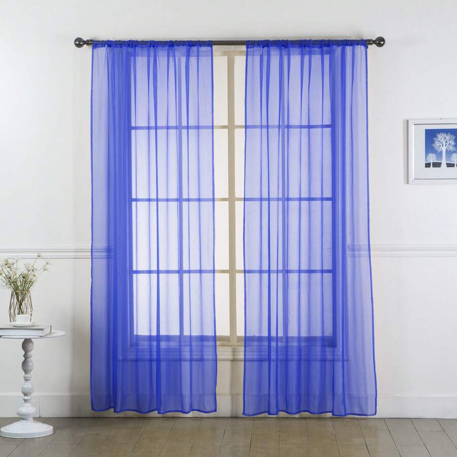 Set Of Two (2) Sheer Window Curtains Panels With Rod Pocket Drape Set Multiple Lengths (63", 84", 95", 108", 120" L) Solid Colors - Royal Blue - View 1
