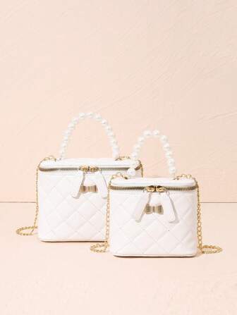 珍珠手提包，钻石绗缝刺绣斜挎包，单肩包，蝴蝶五金装饰配件，零钱包，大号和小号尺寸适合日常使用、聚会和礼物