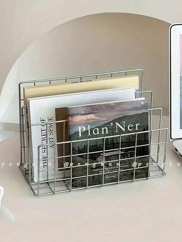 1pc Modern Metal Bookshelf With 3-Section Storage Basket, Ins Simple Iron Tabletop Storage Rack Desktop Organizer Bookshelf Storage Rack Multifunctional Magazine And Newspaper Organizer Box For Home Office Storage And Decoration