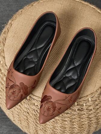 WHDXY 1双女士新款中式绣花平底鞋适合长时间工作不累站的女性专业工作鞋通勤软底软皮防滑舒适鞋空姐工作鞋皮鞋舒适工作专业软底女鞋