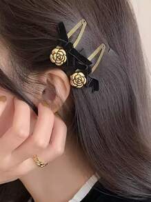 1 Pair Black Velvet Bowknot Simulated Copper Vintage Camellia Hair Clips