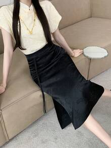 Neo-Classical Chinese Style Retro A-Line Straight Long Skirt, Slimming Hanfu Bottom Wear - Black - View 5